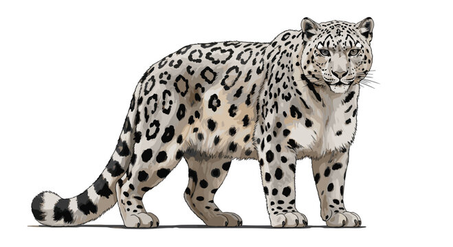 Majestic snow leopard illustration, featuring its beautiful spotted fur pattern, thick tail, and powerful build, standing on white.