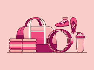 Pink Fitness and Yoga Gear Flat Vector Illustration with Gym Bag, Yoga Wheel, and Ballet Slippers © Adiba