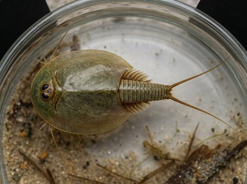 Dorsal view of prehistoric triops longicaudatus swimming in laboratory petri dish