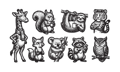 Fototapeta premium Set of cute animal illustrations including giraffe squirrel sloth tiger fox koala raccoon and owl hand drawn in ink sketch style for creative design projects and decor.