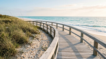 Fototapeta premium Sun Bleached Coastal Boardwalk Curving toward Crystal Surf with Ivory Seashells and Summer Calm