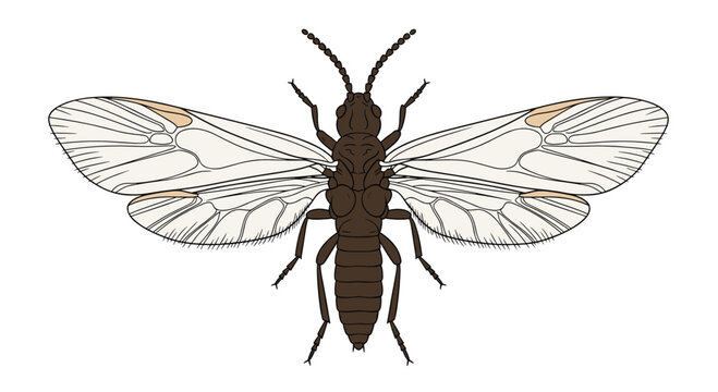 Detailed top-down illustration of a stonefly insect, highlighting its four transparent wings, antennae, and segmented body, on white.