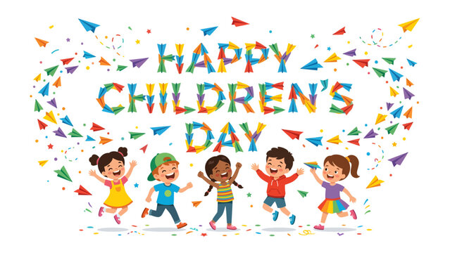 Joyful Celebration: This illustration showcases the ebullient spirit of children's day, with lively kids leaping amidst vibrant confetti, embodying the happiness and excitement of the occasion.