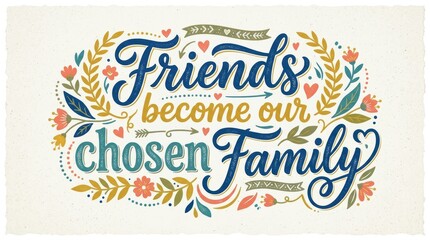Fototapeta premium Friends become our chosen Family, hand lettering vector. Quotes and phrases about friendship for postcards, banners, posters, mug, notebooks, scrapbooking, pillow case and photo album.