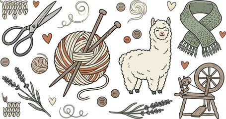Obraz premium Hand Drawn Knitting and Wool Craft Vector Set Featuring Cute Alpaca Character Spinning Wheel Yarn Ball Knitting Needles and Handmade Scarf for Hobby and Textile Designs