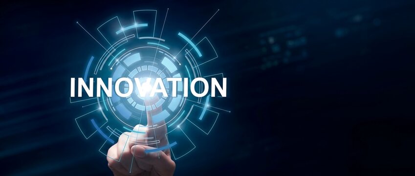 Innovation concept with digital interface and hand touching screen