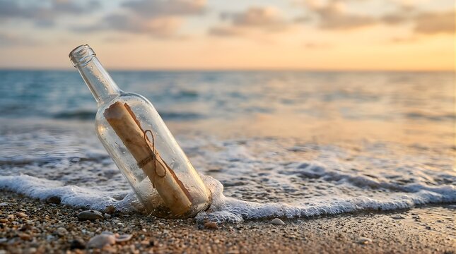 Message in a bottle washed ashore on a beach at sunset with ocean waves