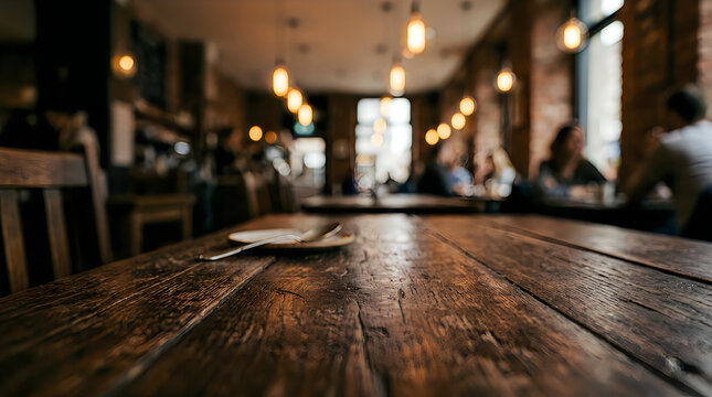 Empty wooden table in a cozy restaurant interior with blurred background lights, restaurant goer