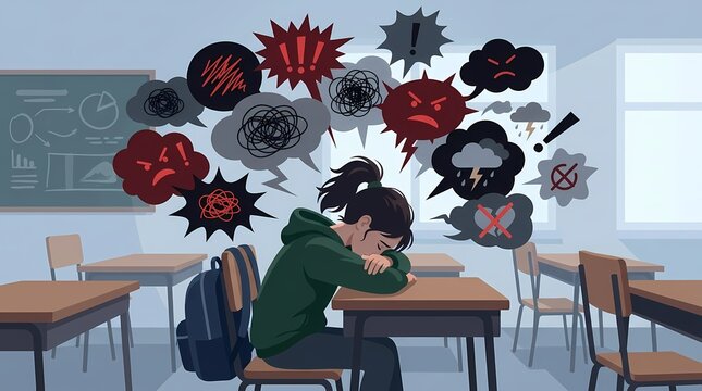 Stressed student sitting alone at a desk in a classroom with negative thoughts.