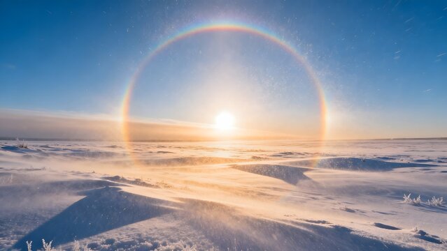 Snowy landscape with sun halo