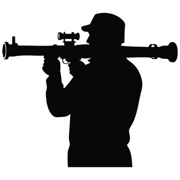 Soldier with rocket launcher silhouette vector illustration bazooka man anti tank weapon.