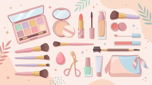 Flat lay of various makeup products and beauty tools for cosmetic application.