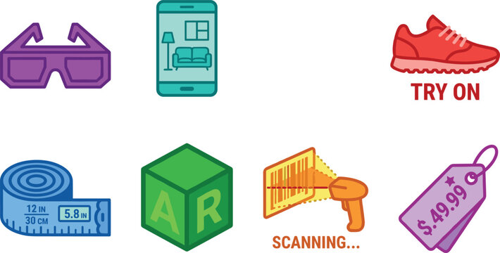 Set of Augmented Reality and Virtual Shopping Vector Icons Featuring Try-On Shoes, 360 Product Views, AR Measurement Tools, Scanning, and Price Tags