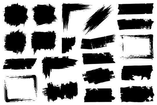 Collection of black grunge brush stroke frames and abstract shapes.