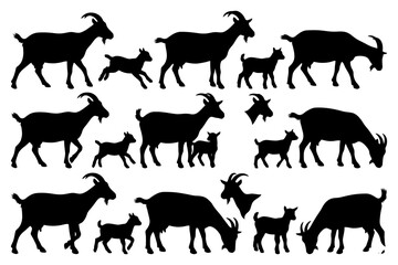 Obraz premium Silhouette set of goats and kids in various poses and actions.