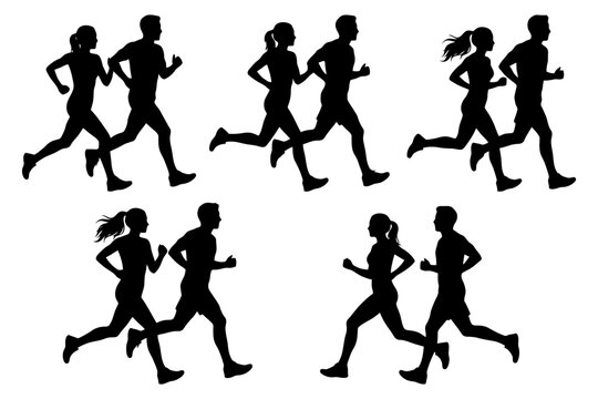 Silhouettes of male and female runners exercising outdoors in various poses.