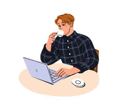 Person sits at the table and works remotely with laptop in cafe. Student studies online on computer and drinks cup of coffee in coffeehouse. Flat isolated vector illustration on white background
