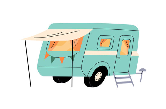 Vintage RV with tent for camping. Retro camper for travel in nature. Old car trailer or motorhome on stop. Bus for hiking and summer road trip. Flat isolated vector illustration on white background