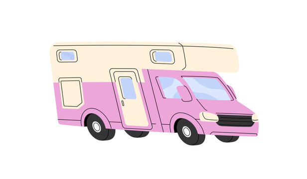 Retro camper, motorhome for summer road trip. Van for travel in nature. Vintage RV for hiking stops. Old van for camping. Cute pink trailer. Flat isolated vector illustration on white background