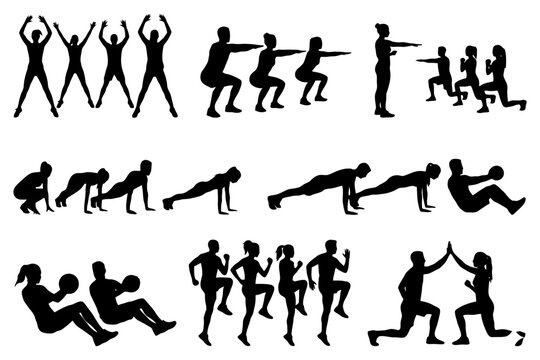 Silhouette workout poses: group exercise with diverse fitness positions.