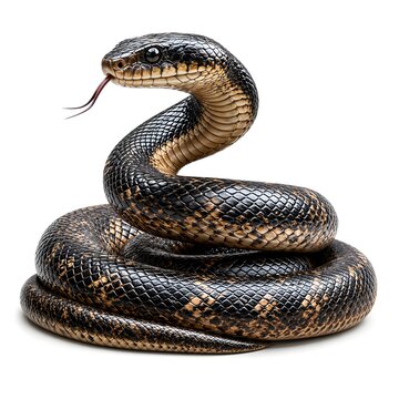Coiled Black Rat Snake With Tongue Out Isolated On White Background