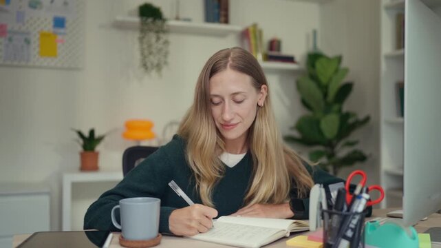 Young woman mindfully journaling and reflecting in her notebook, embracing self-care, manifestation, and intentional living, blending wellness rituals with modern slow living vibes