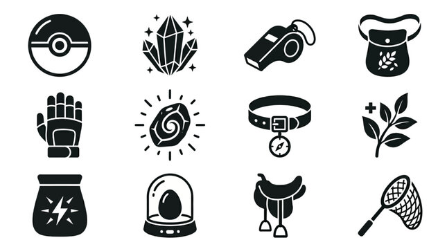 Silhouette vector icon set featuring sci fi strategy game resources  plasma battery  nano crystal  alien mineral core  fusion reactor  cyber data chip  quantum fuel cell  robotic supply crate  energy 