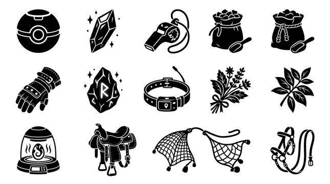 Silhouette vector icon set featuring sci fi strategy game resources  plasma battery  nano crystal  alien mineral core  fusion reactor  cyber data chip  quantum fuel cell  robotic supply crate  energy 