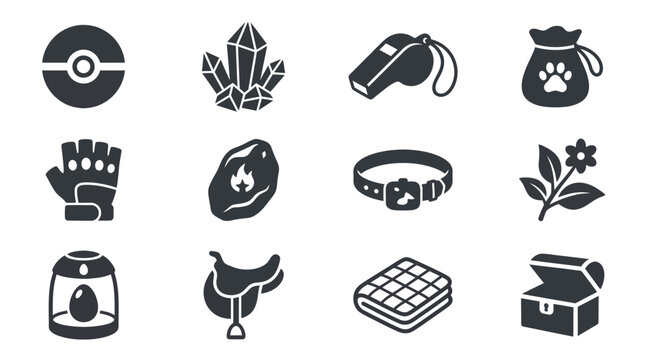 Silhouette vector icon set featuring sci fi strategy game resources  plasma battery  nano crystal  alien mineral core  fusion reactor  cyber data chip  quantum fuel cell  robotic supply crate  energy 