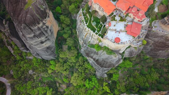 Top-down Aerial Video of the Varlaam Monastery Complex in Meteora, Greece. 
