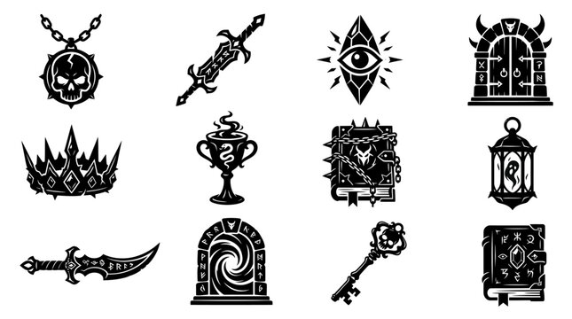Silhouette vector icon set featuring dark fantasy game relics  cursed skull amulet  broken rune sword  floating eye crystal  ancient demon gate  shadow crown  poisoned chalice  spiked spell book  soul