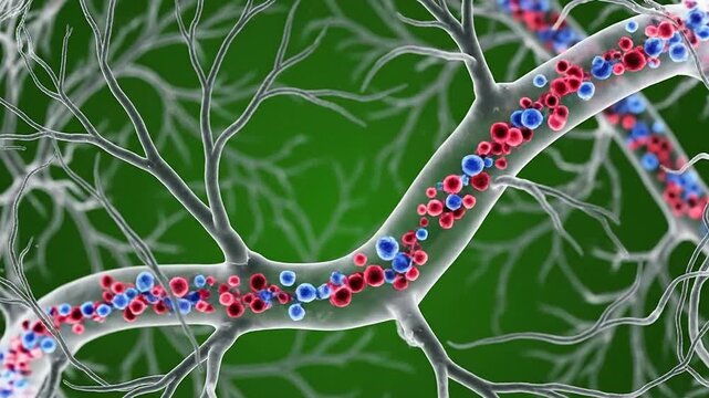 Macro Internal View Of Scalp Microcirculation Featuring Dense Arteries And Veins With Red And Blue Blood Cells On A Green Background