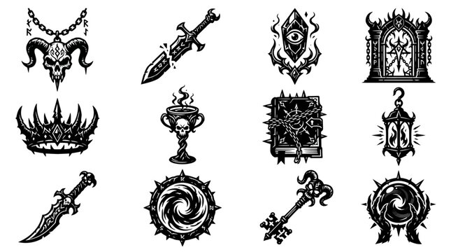 Silhouette vector icon set featuring dark fantasy game relics  cursed skull amulet  broken rune sword  floating eye crystal  ancient demon gate  shadow crown  poisoned chalice  spiked spell book  soul