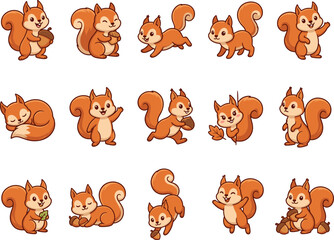 Obraz premium Cute Squirrel Characters Vector Illustration - Cartoon Squirrel Poses and Emotions Collection