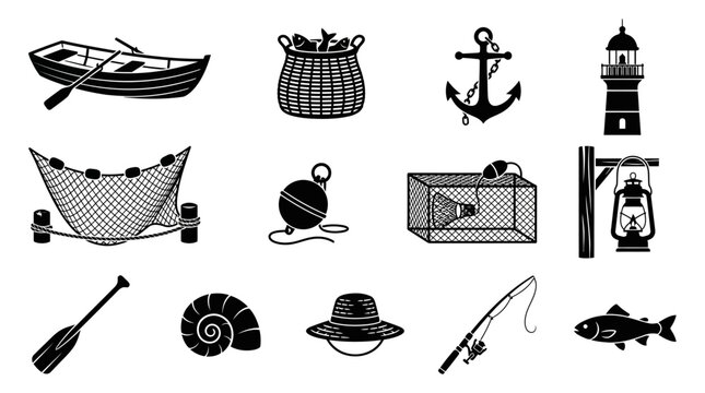 Silhouette vector icon set featuring traditional fishing village objects  wooden boat  fish basket  anchor  lighthouse  fishing net  buoy  crab trap  dock lantern  paddle  seashell  