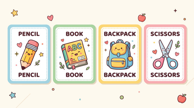 Colorful illustrations of children's educational flashcards featuring school supplies on a beige background with stars and hearts