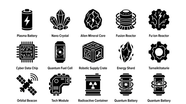 Silhouette vector icon set featuring sci fi strategy game resources  plasma battery  nano crystal  alien mineral core  fusion reactor  cyber data chip  quantum fuel cell  robotic supply crate  energy 