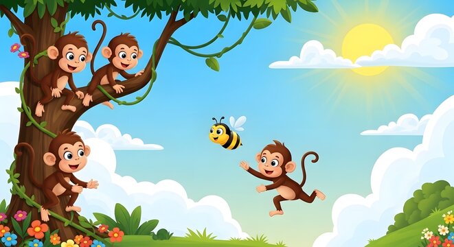 Cute cartoon monkeys playing on a tree in a sunny jungle meadow with a flying bee