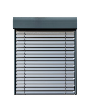 Closed horizontal modern metal roller shutters in gray color. PNG isolated on a transparent background