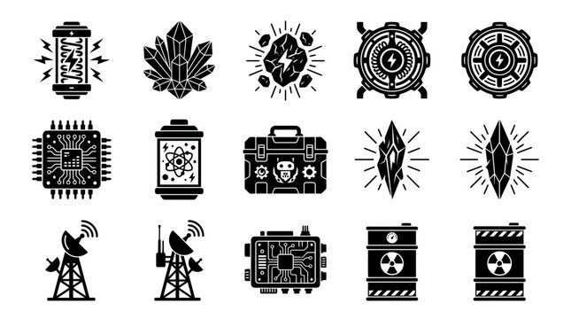 Silhouette vector icon set featuring sci fi strategy game resources  plasma battery  nano crystal  alien mineral core  fusion reactor  cyber data chip  quantum fuel cell  robotic supply crate  energy 