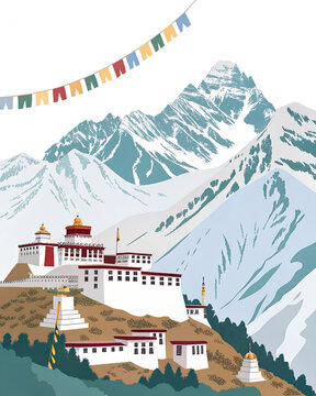 Minimalist vector art of Ladakh mountain landscape with monasteries, colorful flat design, snow peaks and prayer flags, white background