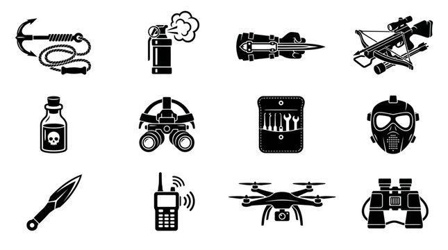 Silhouette vector icon set featuring stealth assassin game equipment