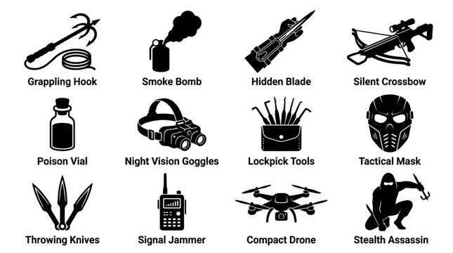 Silhouette vector icon set featuring stealth assassin game equipment