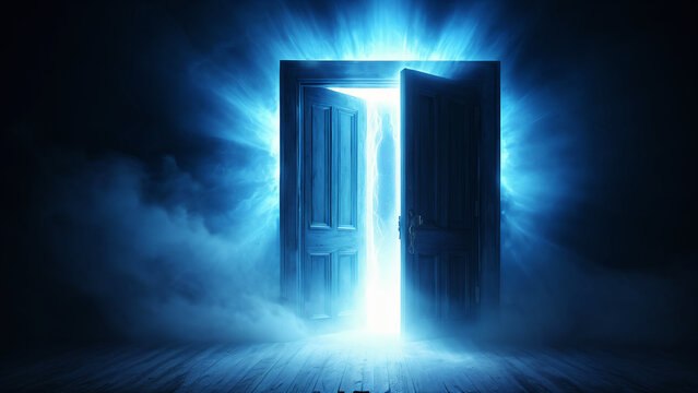 Glowing mysterious doorway emerging from dense fog
