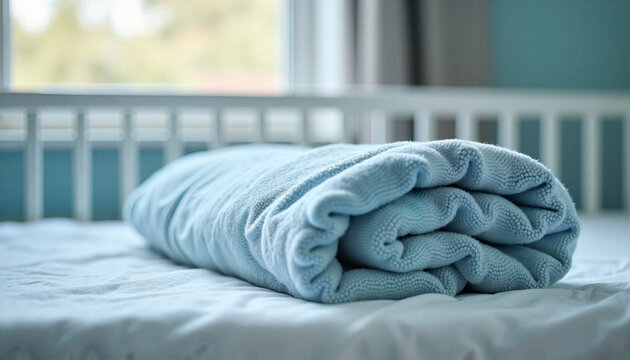 The problem of abandoning children in maternity hospitals due to developmental pathologies, folded baby blanket in empty crib with copy space