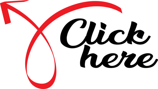 Red hand pointing arrow with click here text isolated on transparent background