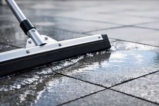 Beautiful composition of floor squeegee on wet tiles. Suitable for modern web design, social media posts, and product promotions. The sharp specifications ensure top tier rendering.