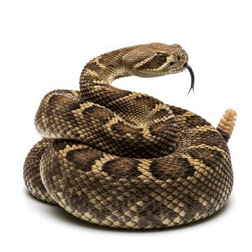 Rattlesnake coiled isolated on a white background ready to strike its fangs and patterned scales with pit viper