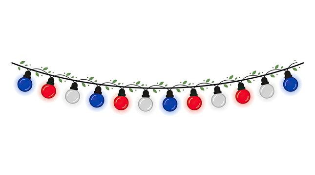 Festive string lights with red white and blue bulbs on a black cable