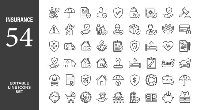 Insurance and assurance icon set. Editable line icons. Vector illustration.